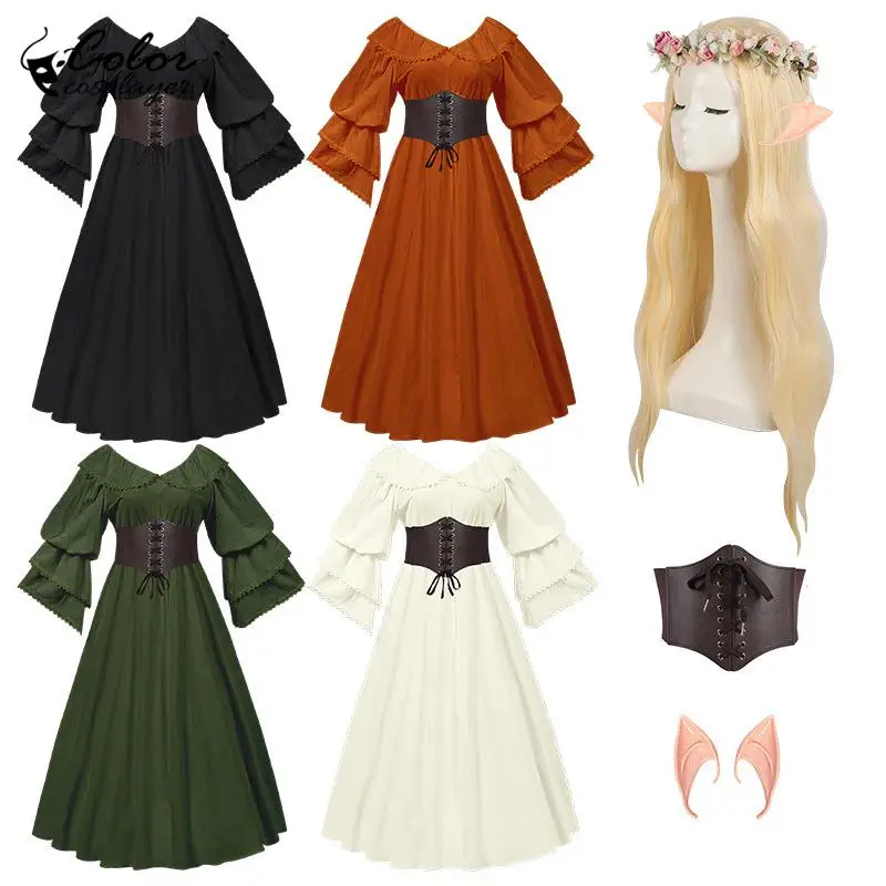 

Ruffled Long Sleeve Renaissance Dress Medieval Gown Lady Cosplay Costume Queen Drama Uniform Vintage Purim Party Clothing
