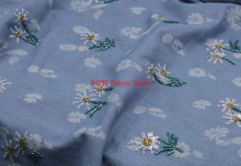 Daisy Sequin Bead Embroidery Blue Denim Fabric For Pants Jacket Telas Para Costura Tissus Couture ткань Cloth Material Sewing