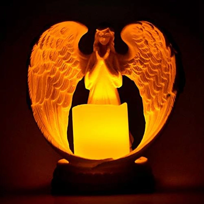 1Set Starry White Angel Wing Praying Sandstone Statue Angel Figurine Prayer Home Decoration Memorial LED Candle Holder White