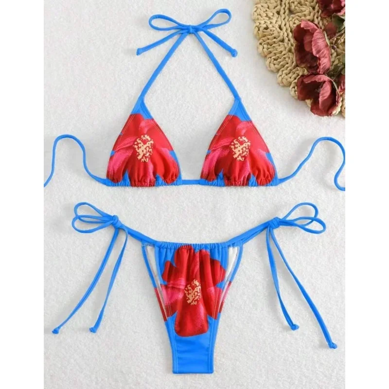 Vintage Flower Pattern Bikini Set Swimsuit Women Halter Triangle Lace Up Thong Micro Bikini 2025 New Vacation Beachwear Biquini