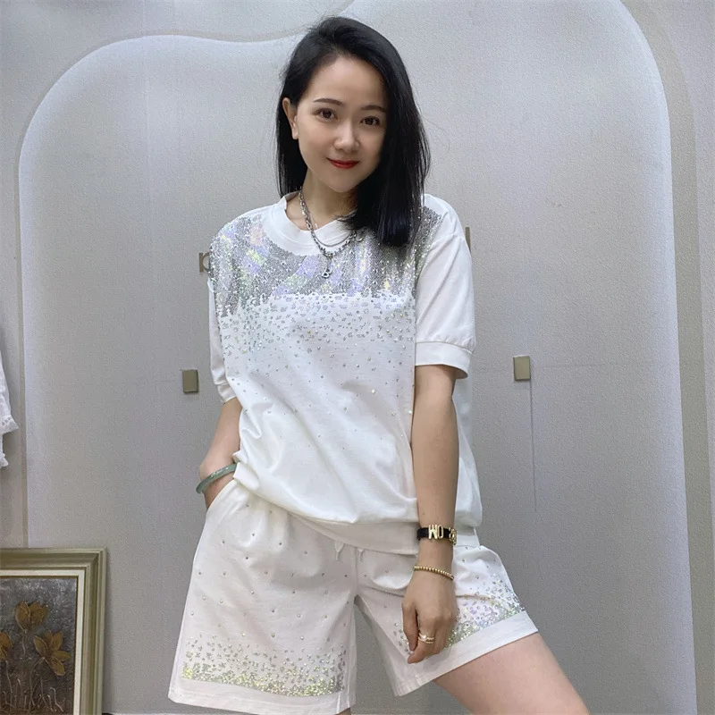 

Sequins O Neck Short Sleeve 2 Piece Set Tracksuit Women Y2k Clothes 2025 New Casual Short Pants Sets Vestidos Sportwear Streetwe
