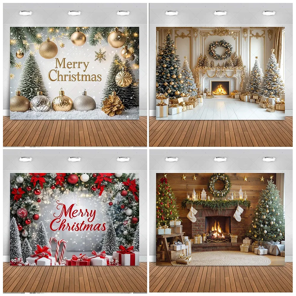 

Winter Christmas Party Decoration Fireplace Wreath Backdrop Supplies Xmas Tree Background New Year Christmas Photo Shoot Props