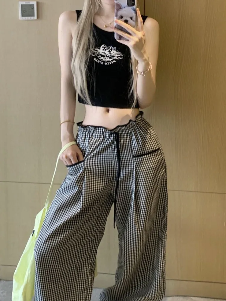 Pantalon à carreaux baggy vintage pour femme, salle de bain, salle de bain, salle de bain, salle de bain, salle de bain, U, Y2K, mode coréenne Harajuku, style japonais, streetwear, décontracté, surdimensionné, fjgy