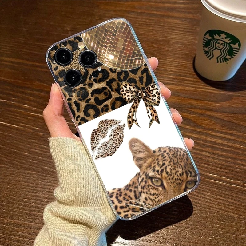 Leopard Print Bow Lips Phone Case For iPhone 17 Air 16E 16 15 14 11 Pro Max Plus 13 12 Mini 8 7 X Transparent Shockproof Cover
