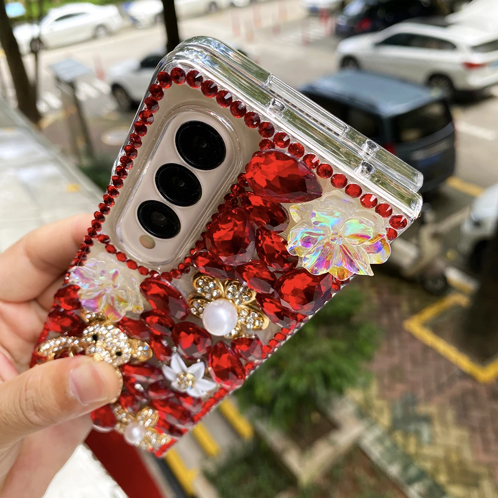 Luxury Rhinestone Cute Bear Phone Case For Samsung Galaxy Z Fold 7 6 5 4 3 2 Diamond Laser Flowers Red Water Drop Crystal Cover