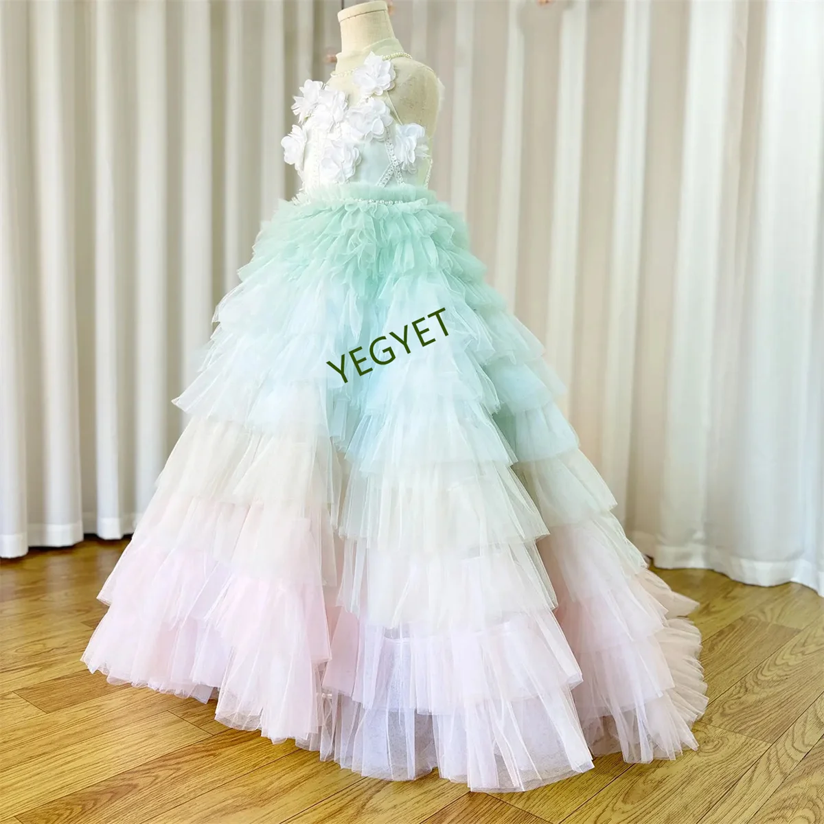 

Luxury Sage Green Flower Girl Dresses Handmade Flower Tiered Princess Kids Ball Gown for Wedding Birthday Party