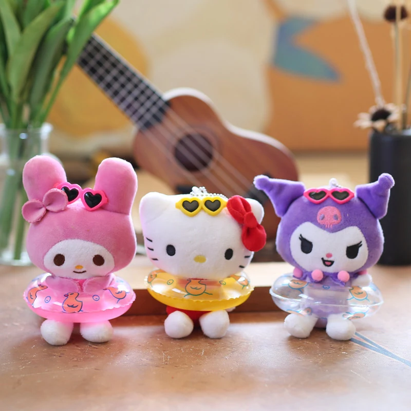 Śliczny Sanrio Kuromi wisiorek Hello Kitty z kółkiem do pływania pluszowe rzeczy zabawki brelok Kawaii akcesoria plecak wiszący ozdoba