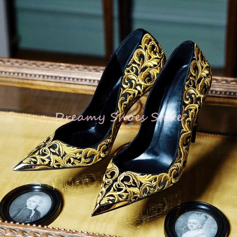 

Metal Decor Embroidery Pointed Stiletto Pumps Women Mixed Colors Leather Slip On High Heels Fashion Luxury Party Banquet Shoes