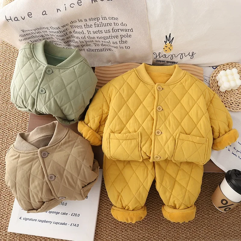 

1-5Y Tracksuit for Boy Winter 2Pcs Padded Sets Fleece Lined Thickened Diamond Quilted Jacket and Pants Warm Cozy Girl Outfit
