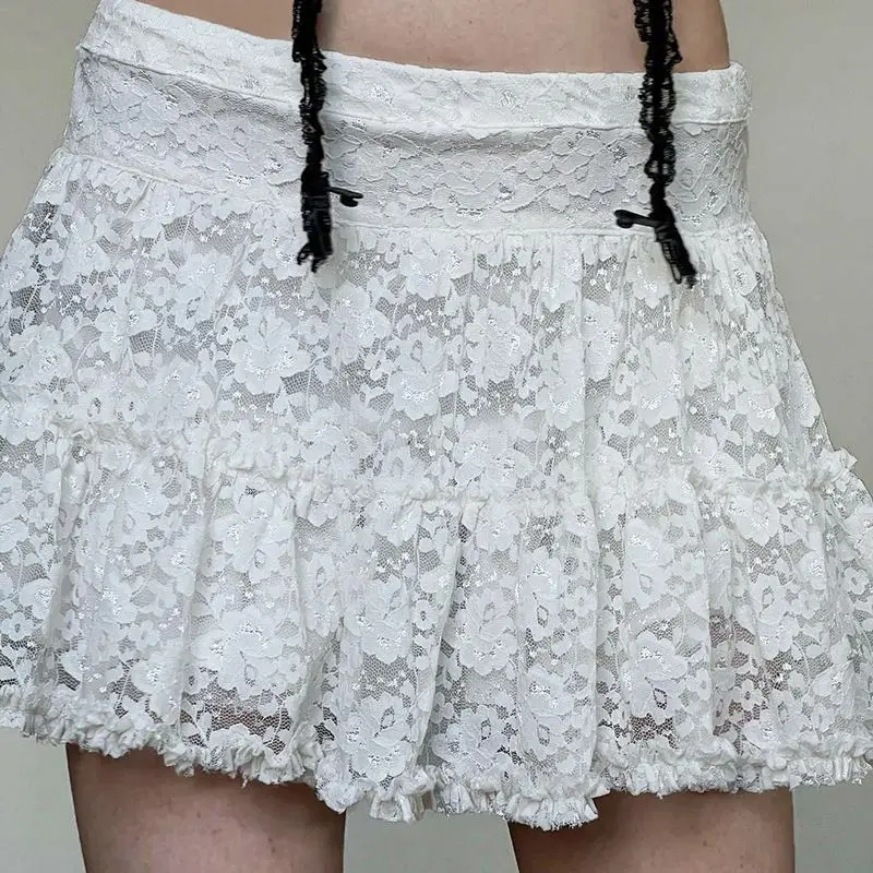 Mini Skirts Lace Skirt Ruffle Tulle Flowy Pleated Layered Short Skirts For Women White Y2k Streetwear Summer Skirt