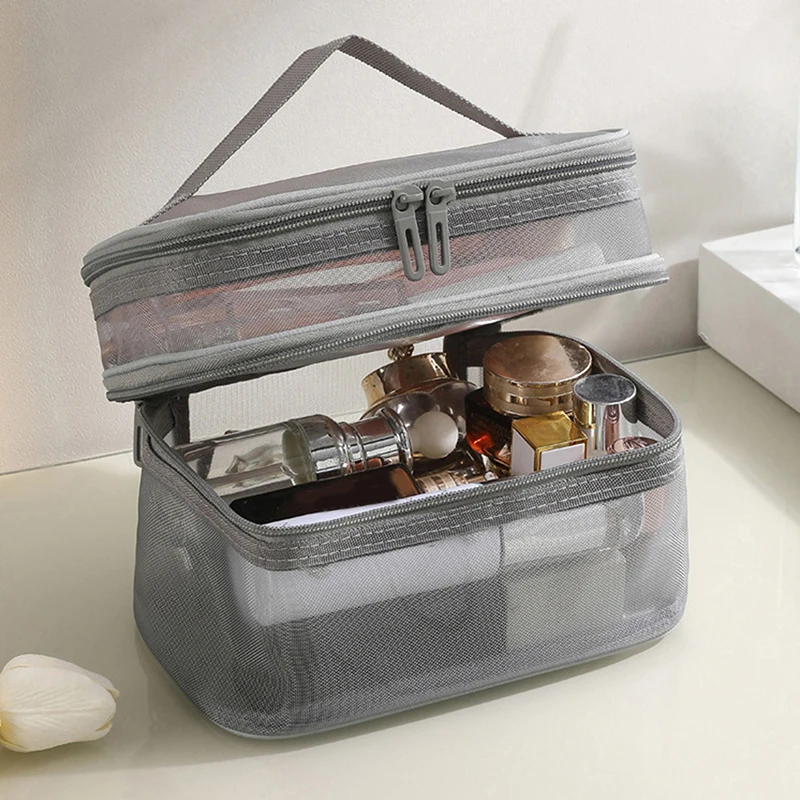 Trousse de maquillage en maille transparente à double couche, sac de rangement pour cosmétiques, sac de voyage portable, grande capacité, sac de lavage à fermeture éclair, 1PC