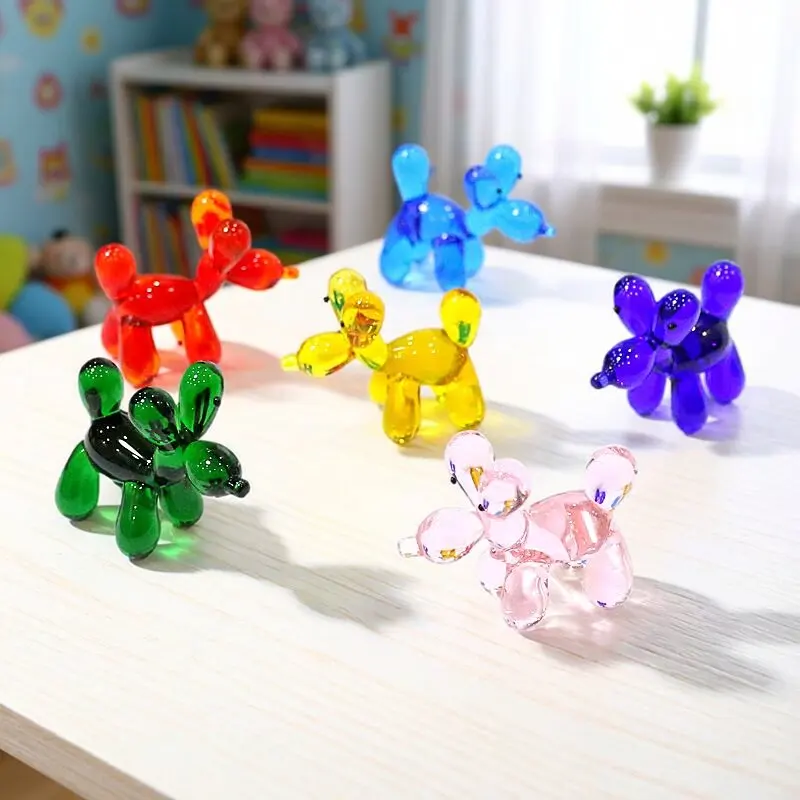 Cute Simulation Balloon Dog Mini Figurine Glass Craft Ornaments Tiny Animal Statue for Home Desktop Decor Creative New Year Gift