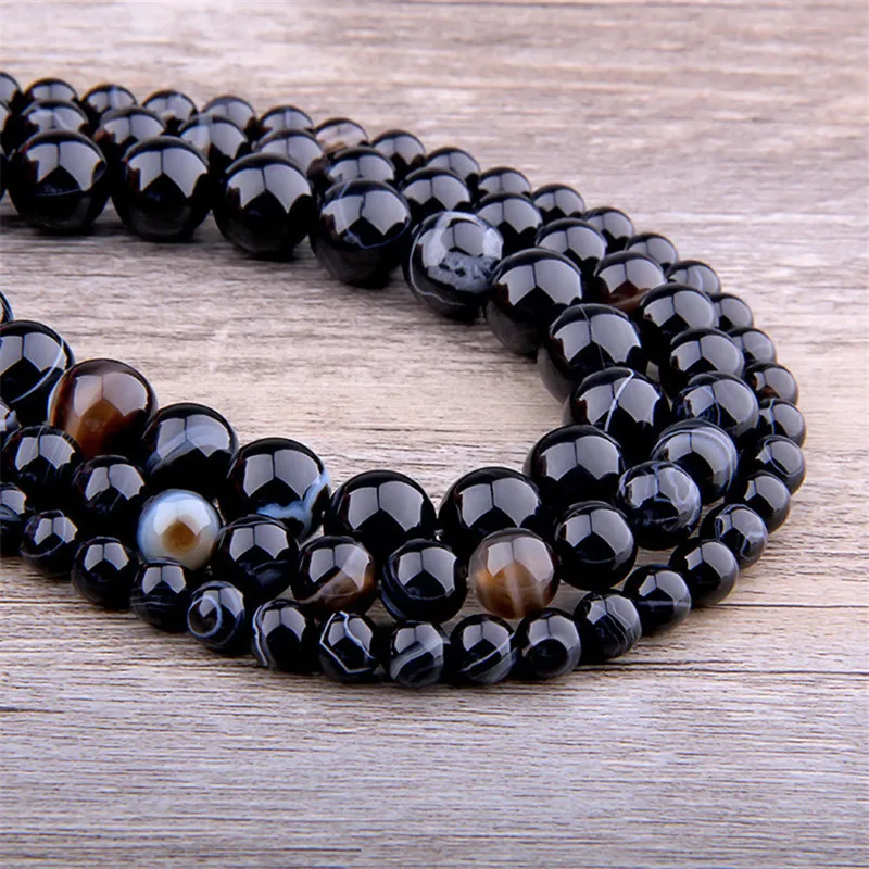 Black Striped Agate Loose Beads Natural Gemstone Smooth Round for Jewelry Making