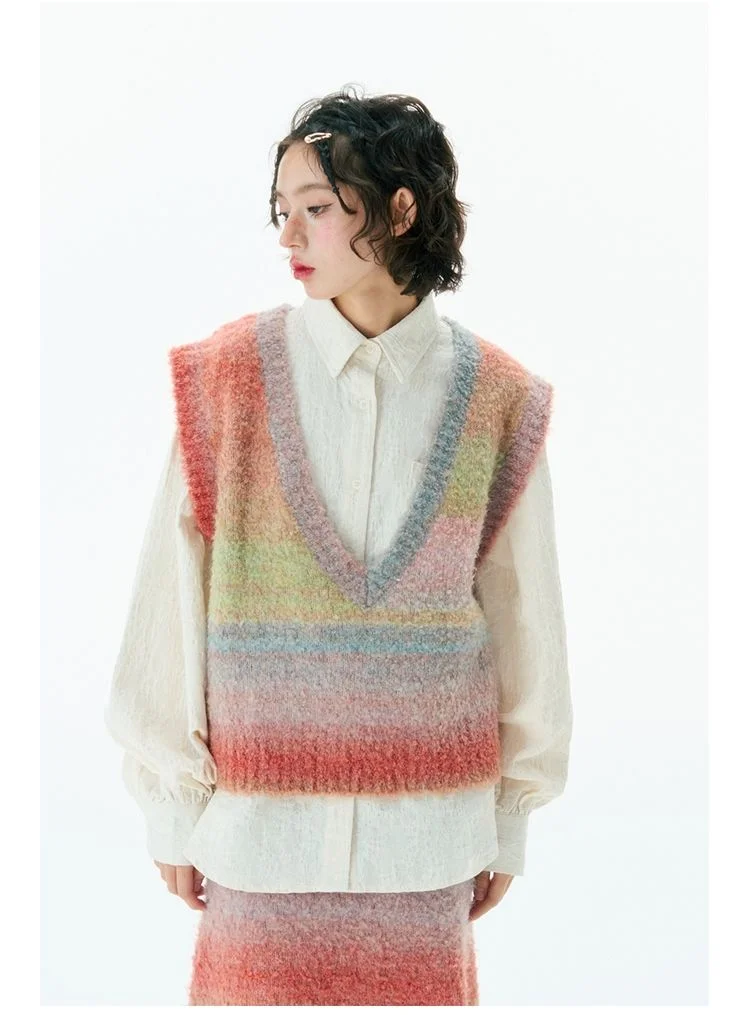 Korobov Y2k Rainbow Stripe Sleeveless Vneck Vest Knit Half Skirt Gradients Color Female Two Piece Set Vintage Fall Outfits Women