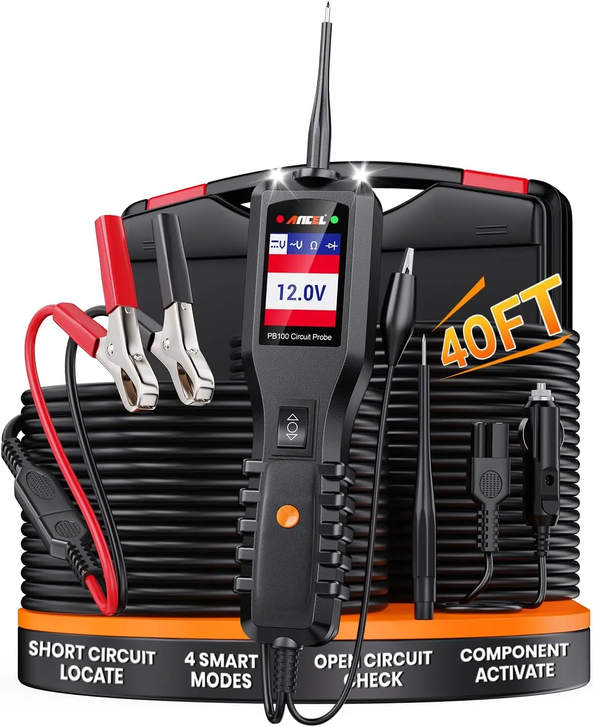 12-24V Automotive Circuit Tester with 40FT Cable, Multifunction Electrical Diagnostic Tool for Vehicle Systems