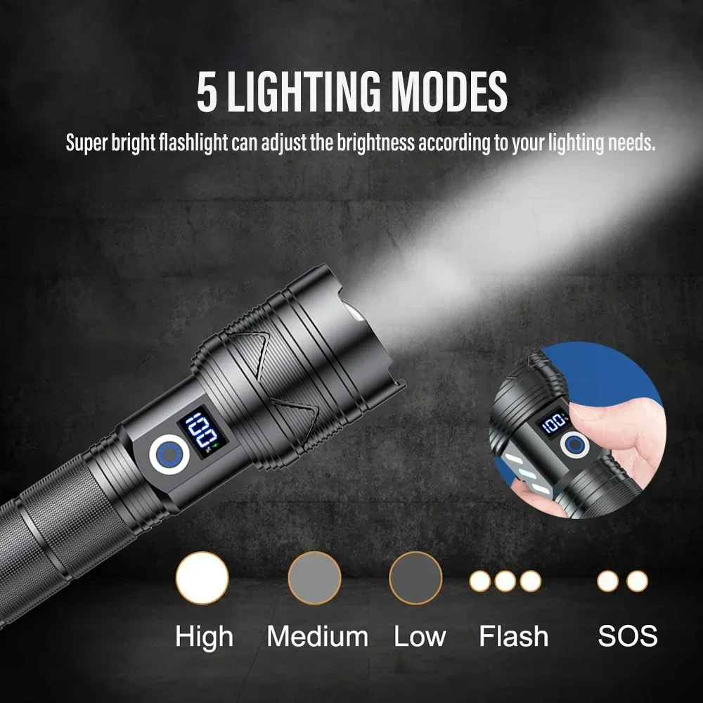 800000lm High Power Strong Light Long Range LEP Flashlight USB Charging 26650 Battery Outdoor Telescopic Zoom Super Bright Torch