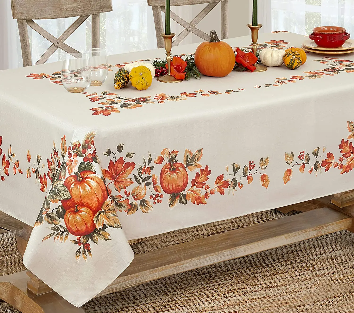 Autumn Fall Leaves Pumpkin Patch Border Rectangle Tablecloth Holiday Decorations Waterproof Fabric Tablecloth Dining Table Decor