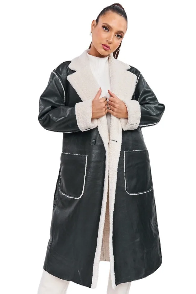 Jaqueta de couro PU feminina, casaco de veludo quente, casaco longo grosso, núcleo de lâmpada de rua, elegante, inverno