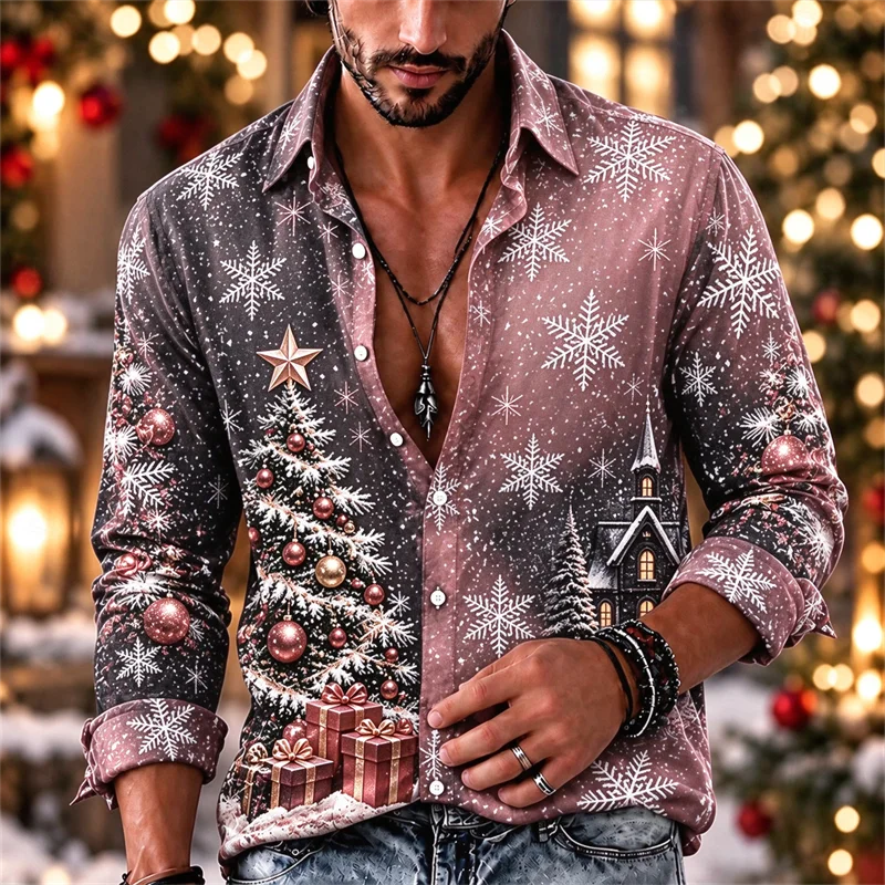 New men's shirt deep purple starry sky snowflake purple Christmas tree snow house purple gift box printed shirt