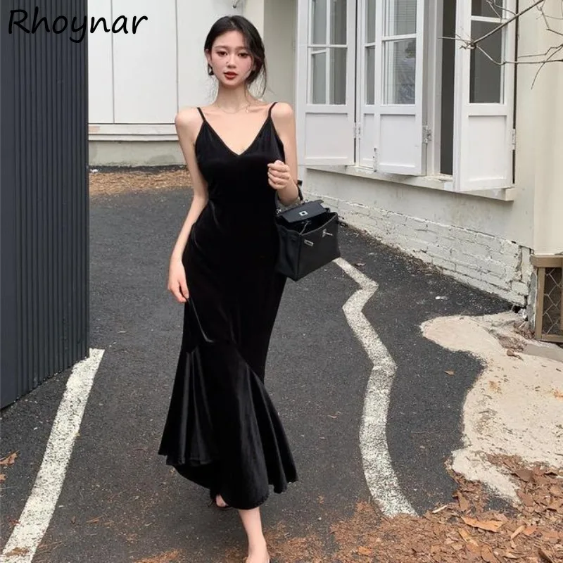 

V-neck Slip Black Dresses Women Pleuche Trumpet Empire Slim Defined Waist Sexy Elegant Basic All-match Party Hot Chic Popular