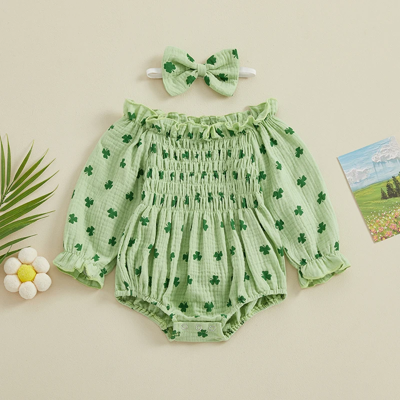 

Newborn Girl St Patricks Day Bodysuits Outfit Long Sleeve Off shoulder Shamrock Print Romper with Hairband Baby Jumpsuits