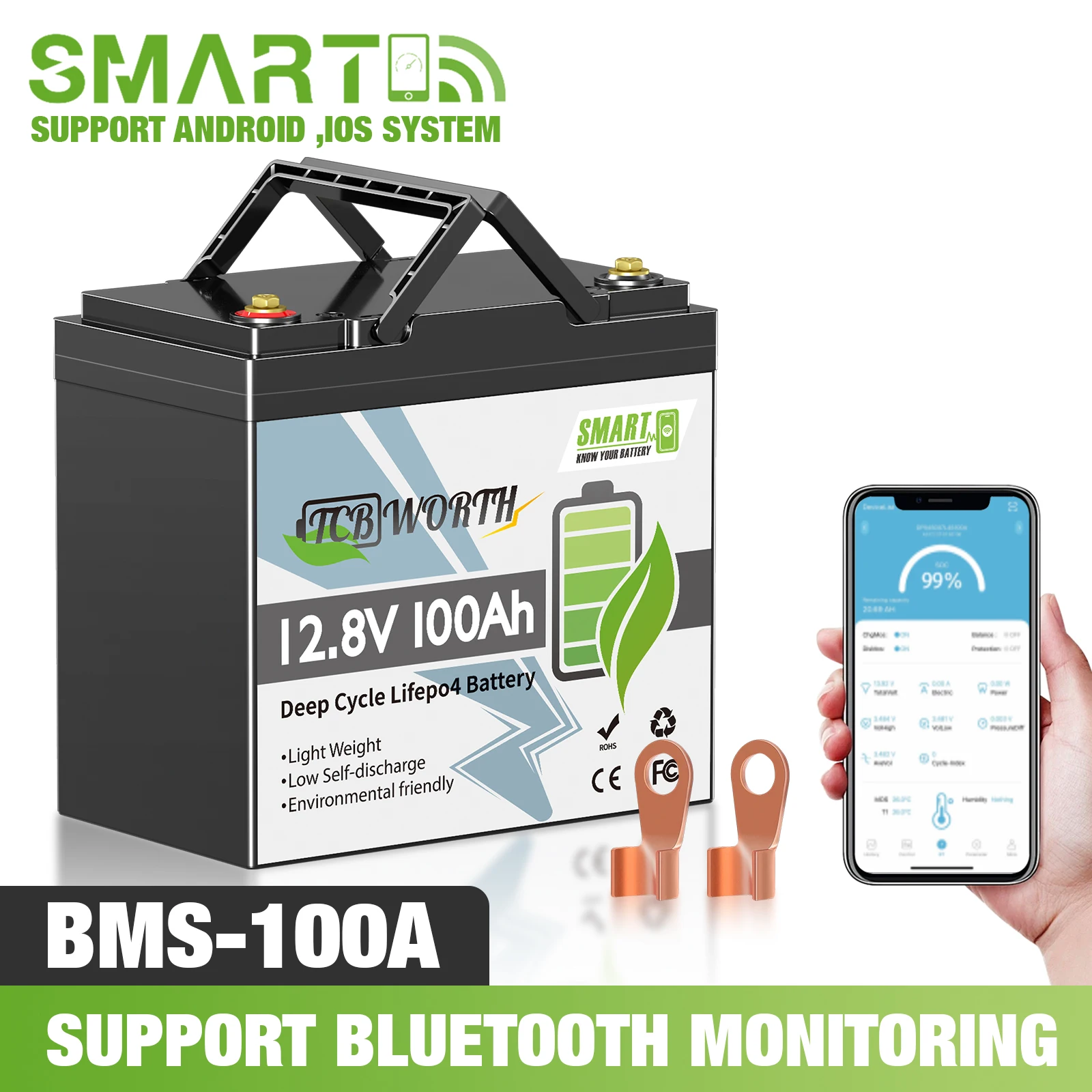 TCBWORTH 12V 100Ah LiFePO4-Lithiumbatterie mit 100A BMS, Low-Temp-Schutz, 7000+ Zyklen für Trolling-Motoren, Wohnmobile, Solarsysteme