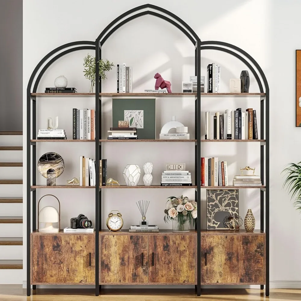 Arched Bookshelf and Bookcase with 3 Cabinets, Triple Wide 5 Tier Standing Book Shelf, Storage Display Rack Shelves