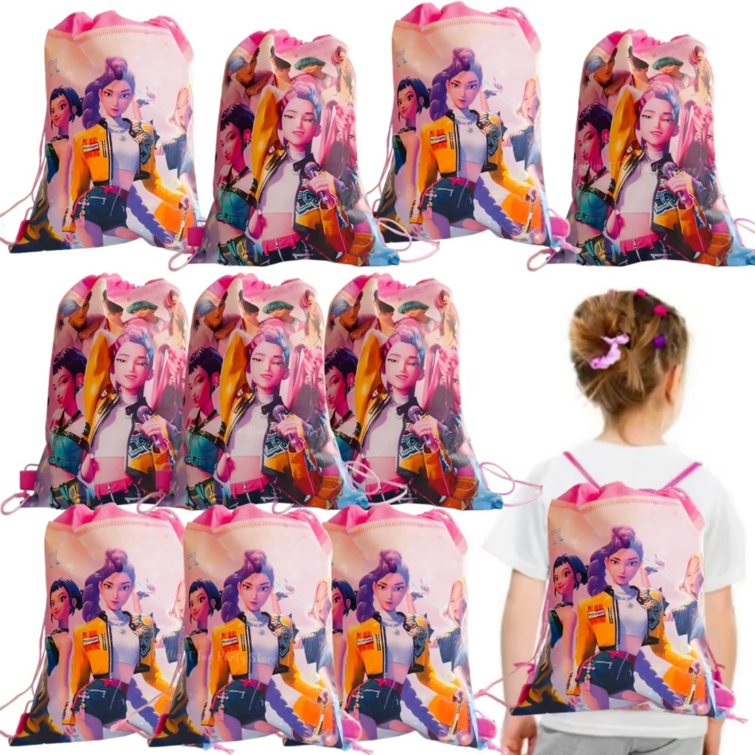 Sac de poche à cordon de serrage Demon Hunters, sac à dos de rangement Portable rose KPop Anime pour réception-cadeau pour bébé, cadeaux de fête d'anniversaire pour enfants filles