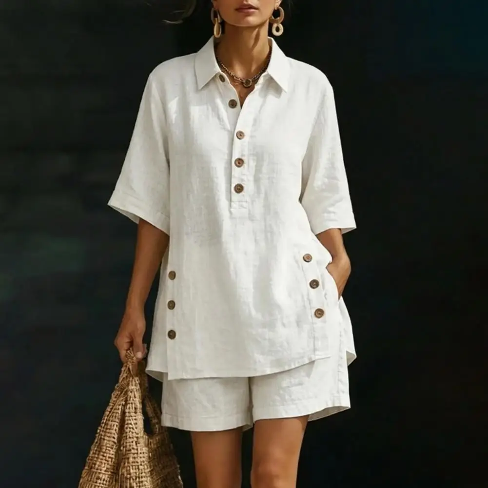 Lapel Button Shirt Cotton Linen Women’s 2 Piece Outfit Button Short Sleeve Shir…
