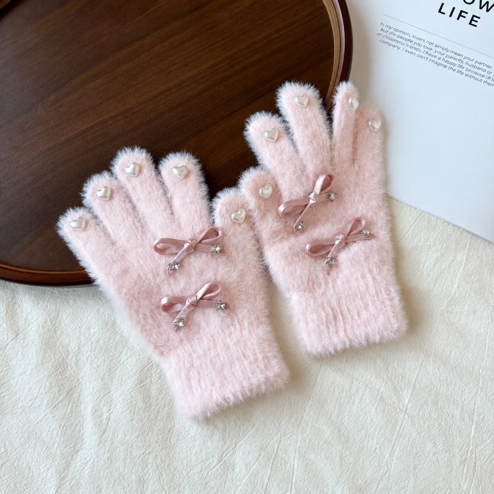Ins Kawaii Bow Women Winter Knitted Gloves Full Finger Elasticity Warm Gloves Windproof Thickened Knitted Knitting Wool Gloves