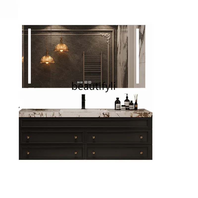 American Light Luxury Bathroom Cabinet Combination Solid Wood Wash Basin Stone Plate Wash Basin Bathroom Retro