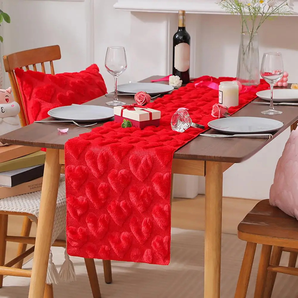 Fuzzy Table Runner Valentines Day Plush Table Runner Fuzzy Love Heart Decor Dining Table Accent Anniversary Wedding Tables Linen