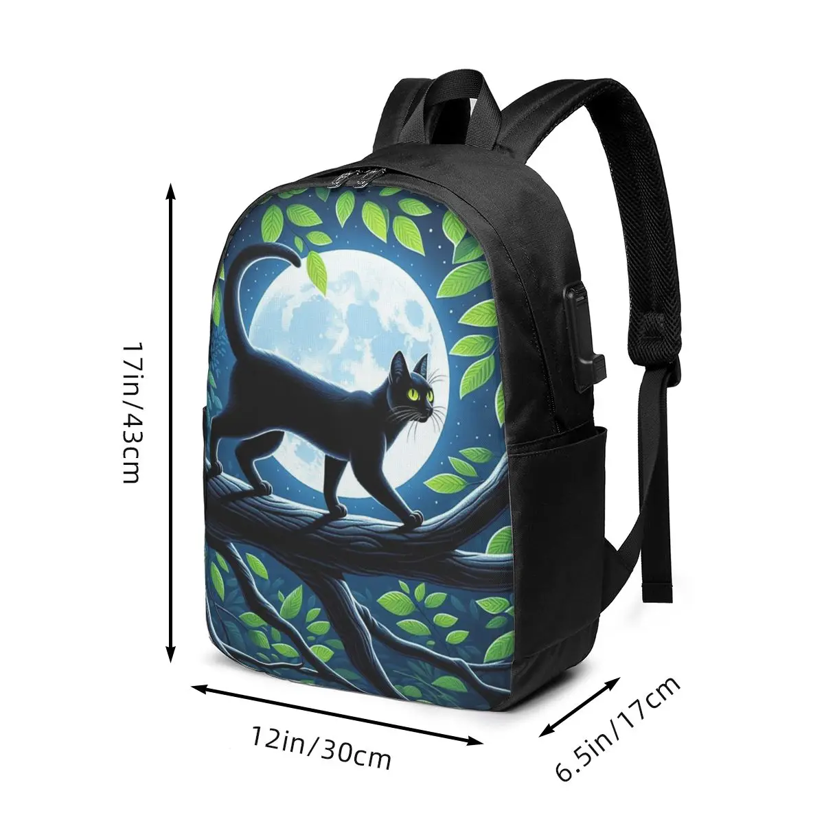 Dark Night Forest Mystical Black Cat Print Backpack Travel Notebook Bag Computer College Student School Bag Laptop Shoulder Bags