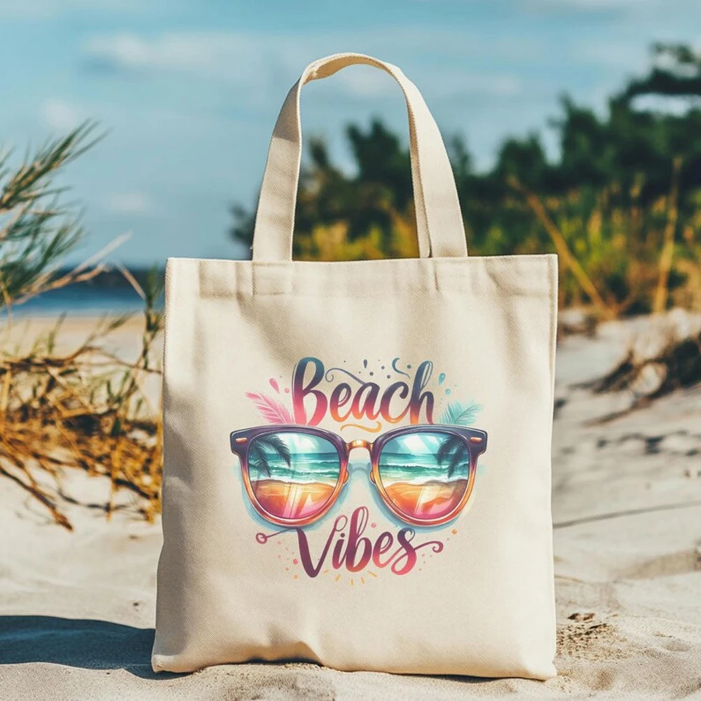 

Beach Vibes Canvas Tote Bag Custom Funny Pattern Text Travel Bag Large Capacity Shoulder Bag Family Reunion Gift