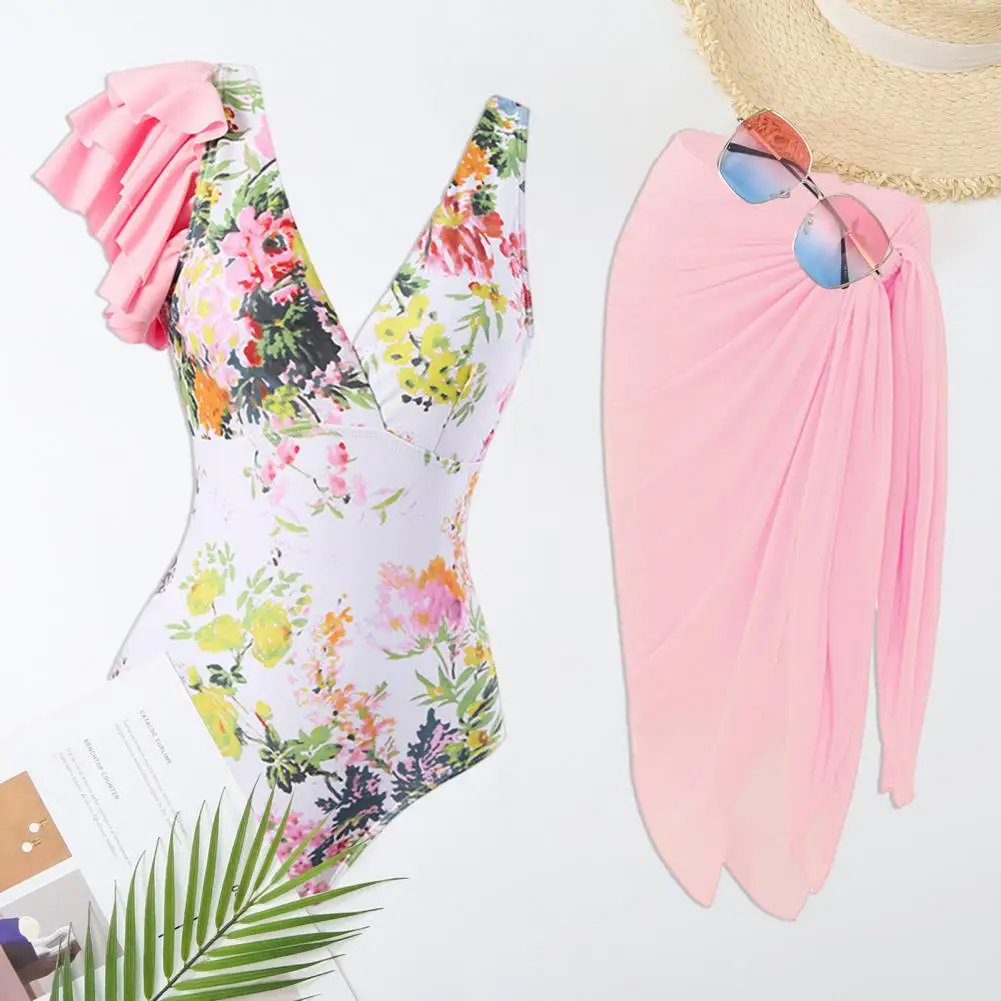 Conjunto de maiô estampado floral com babados de um ombro para meninas, swimwear sexy, peça única, micro monokini, moda praia, roxo, verão