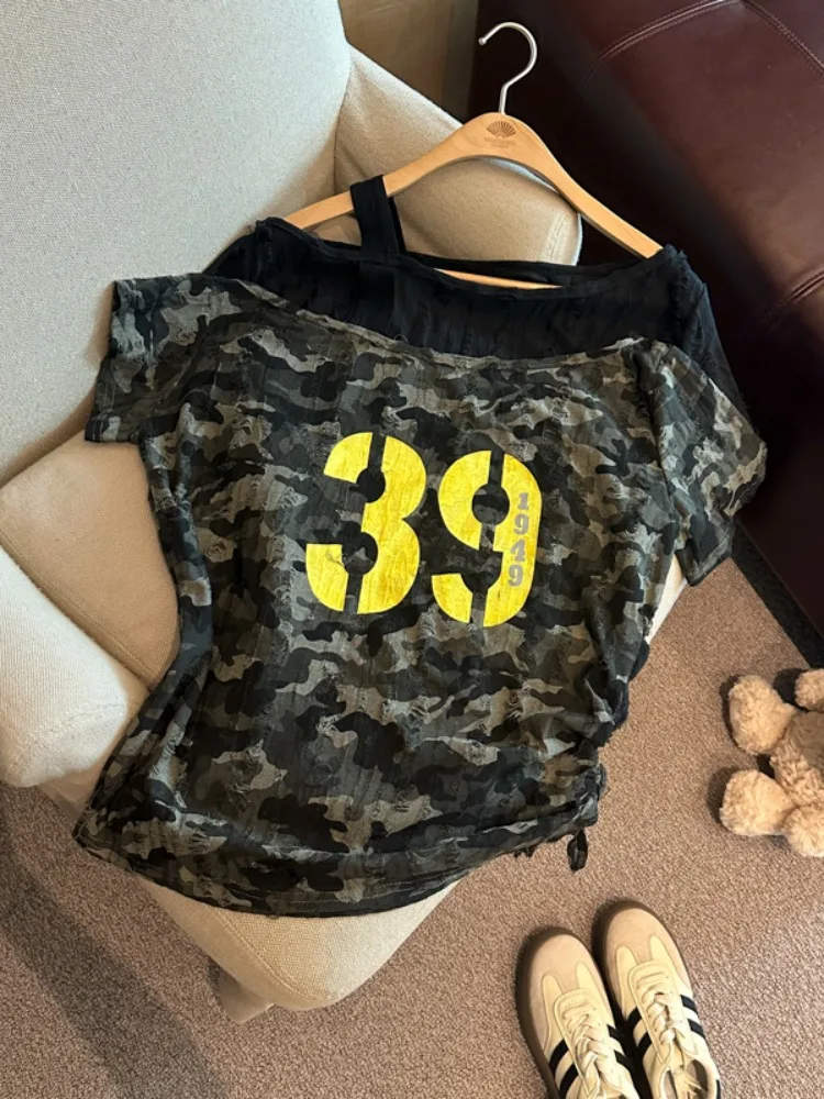 

American Style Short Sleeve T-Shirt Women's Slim Fit Camouflage Cross Shoulder Top Summer New Design Small Audience