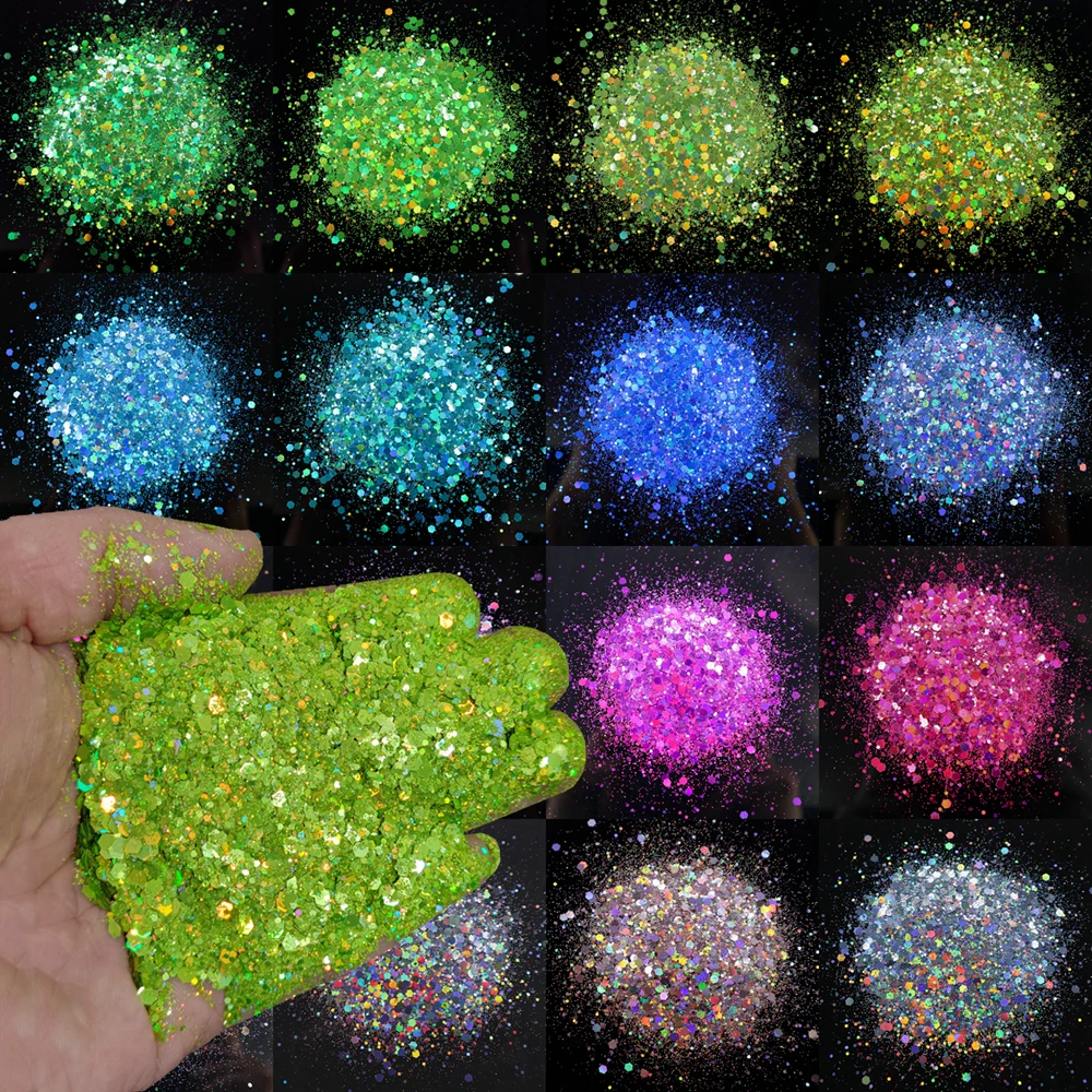 Granel atacado pó holográfico misturado hexágono lantejoulas glitter face olho artesanato unha chunky glitter mix cor mudando brilho