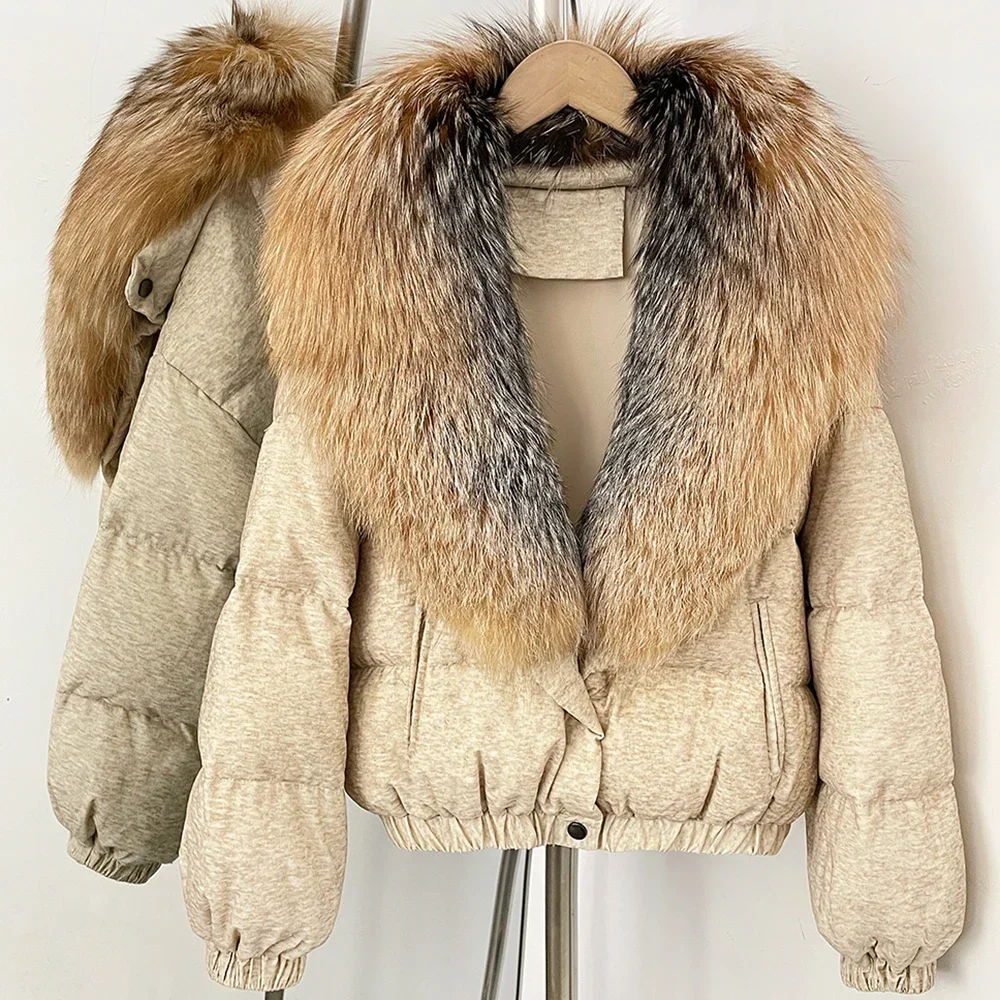 OFTBUY Neue Winterkleidung Übergroßer Echter Fuchspelz Kurzer Daunenmantel Damen 100% Baumwolle Waschbärpelz Entendaunen Pufferjacke Frauen – Detail 35