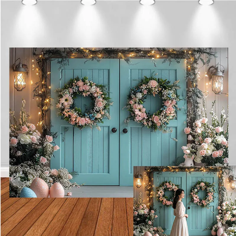 

LS Easter Photography Backdrop Blue Wooden Door Wreath Egg Decor Birthday Cake Smash Kids Adult Portrait Photo Background Studio