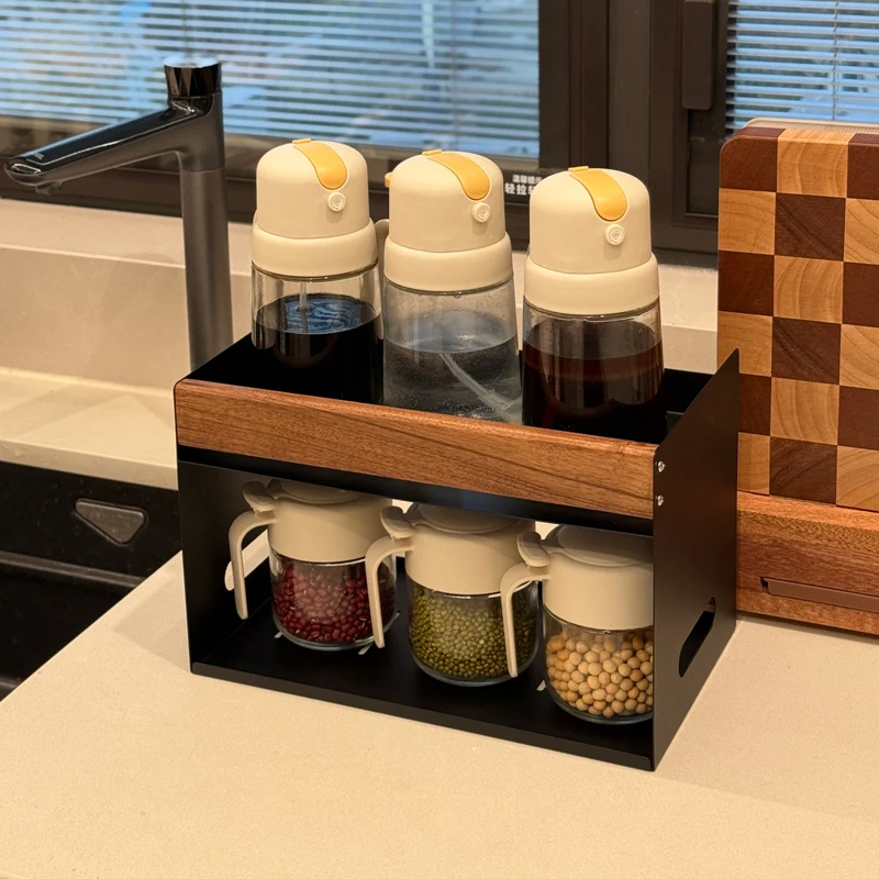

1 шт., кухонная многофункциональная полка для приправ из орехового дерева, бытовой масляный горшок, бутылка для приправ, хранение приправ для масляной соли и уксуса