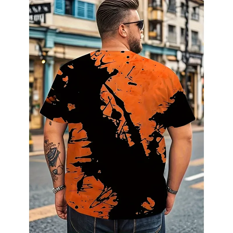 Men Plus Size Orange Black Splash Ink Print T Shirt O Neck Short Sleeve Loose Streetwear Casual Male Big Size Tops