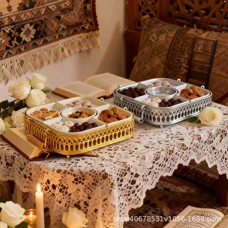 Square Metal Fruit Plate Grid Design Simple Dried Fruit Tray Candy Box Home Decor Middle East Style New Year Gift Ornament