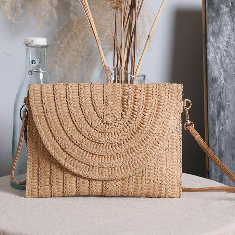 Straw Woven Shoulder Crossbody Bag Beach Clutch Handbag Casual Summer Handmade Envelope Bags for Women Totes Purse