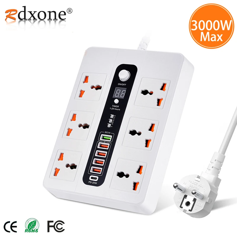 

PD QC3.0 Fast Charger USB Power Strip With Switch Universal 6 AC Jack Extension Socket With Timer Socket 3000W