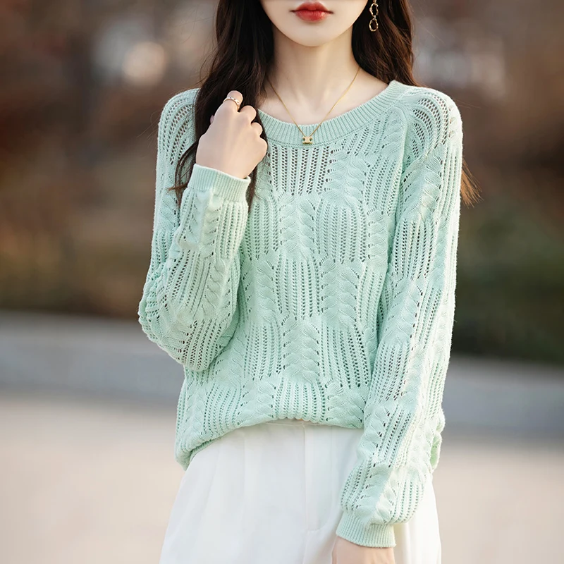 2024 Summer New Women's Round Neck Knitwear, Hole Shirt, Long Sleeves, Air Conditioned Shirt, Young and Fashionable