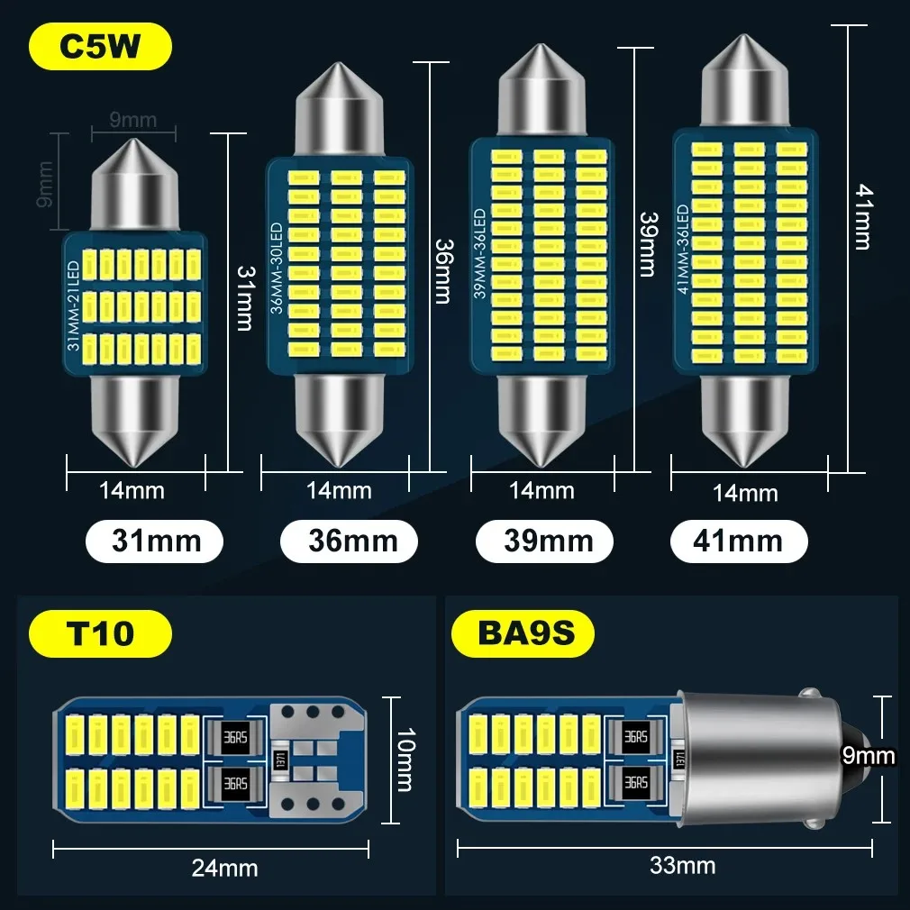 2X T10 W5W BA9S T4W Festoon Reading Car Interior Bulb C5W C10W Dome 28 31 36 39 41 MM License Plate Signal Lamp Led Light