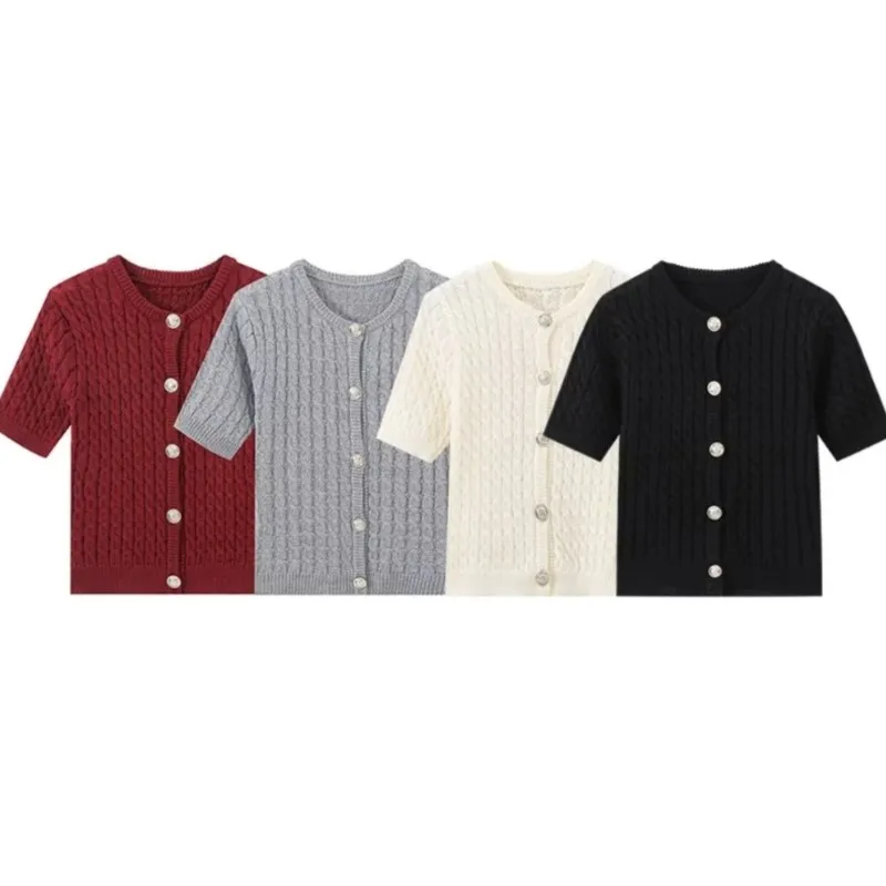 

Elegant Knitted Sweater Women Casual Single Breasted O-Neck Short Sleeve Jumper 2025 New Summer Burgundy Cropped Cardigan Top