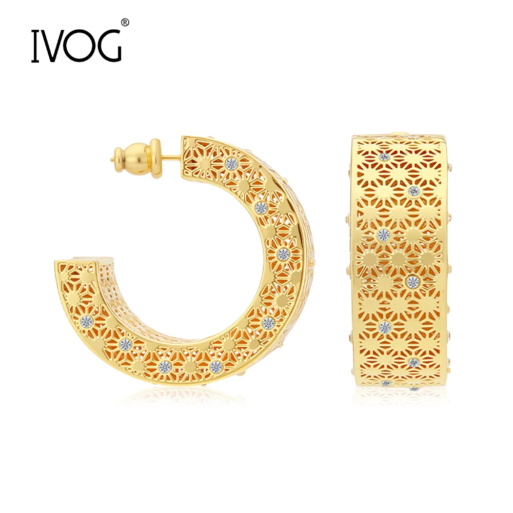 IVOG C-Shaped Wide Bar Hoop Earrings Zircon Geometric Women Party Pendiente Boucle D'oreille Trendy Exquisite Fashion Jewelry
