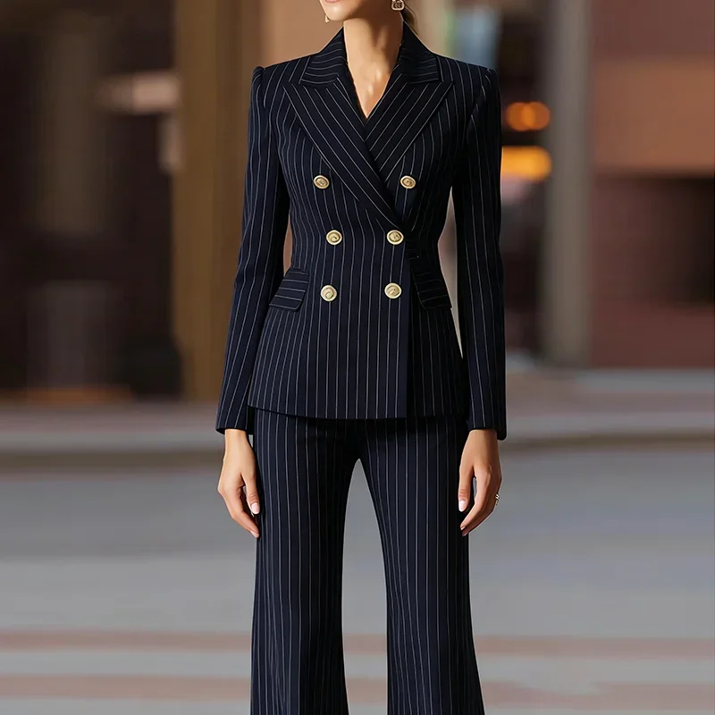 

Modigirl Blue Formal Coat Outerwear for Woman 2025 New Autumn Spring Golden Buttoned Business Fashion Striped Blazers Clothes
