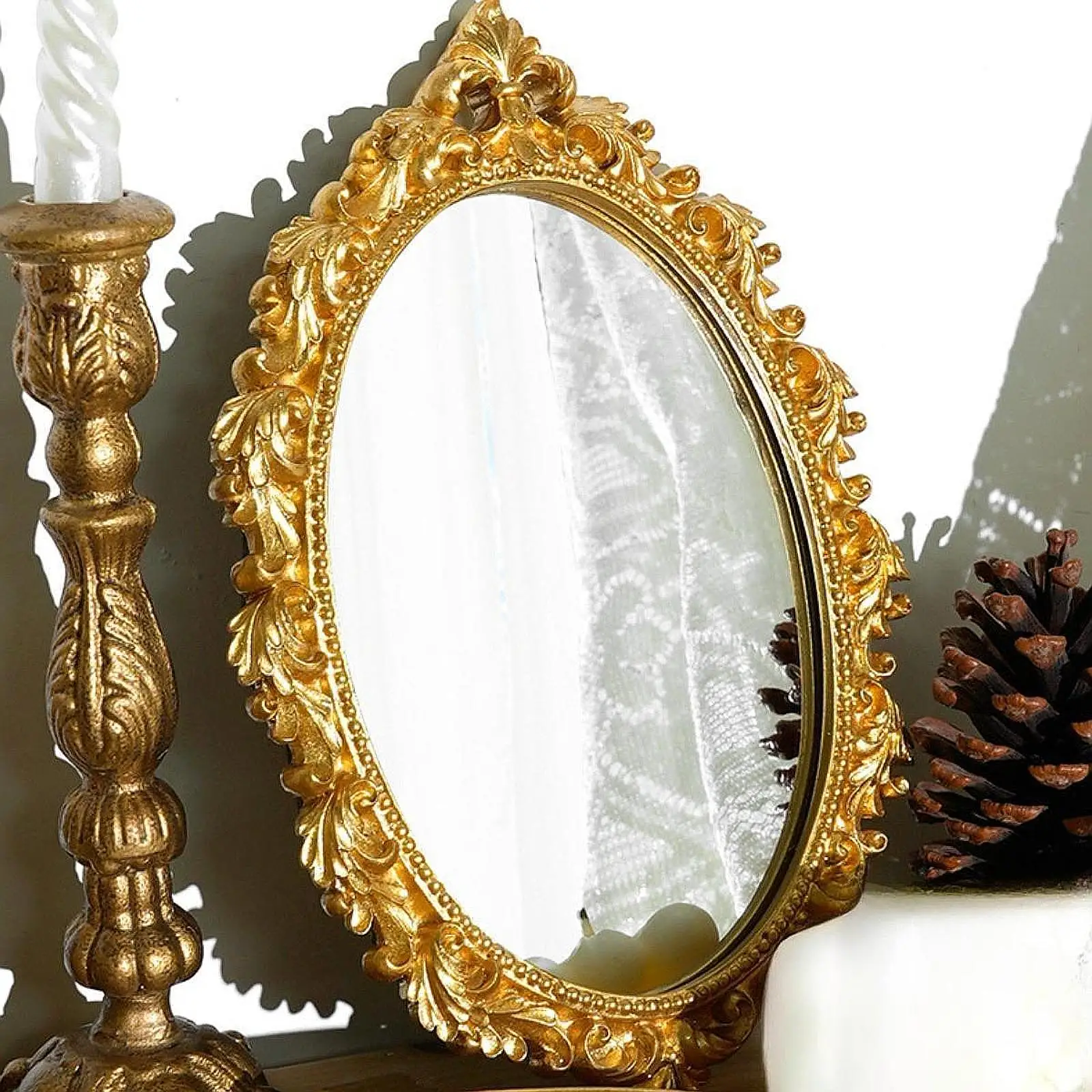 French Classical Gold Foil Carved Mirror Retro Light Luxury Resin Carved Makeup Mirror Oval Decoration Can Be Wall-Mounted